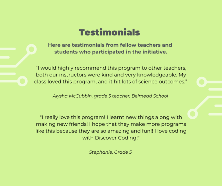 An green background with testimonial of students and teachers, talking about their positive experiences with Discover Coding and CanCode's initiative.